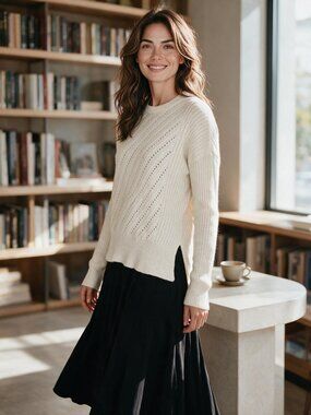 JOHNNY WAS Etta $378 Cashmere Blend Cream Side Slit Pullover Sweater XS